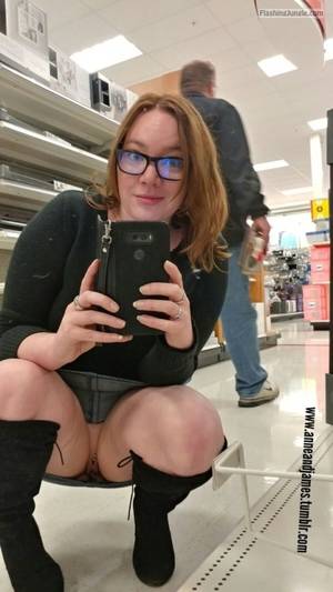 flasher public upskirt no panties - Pantyless nerdy redhead upskirt pussy flash public flashing no panties  flashing store