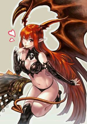 Anime Sexy Succubus Girls - asymmetrical clothes bare shoulders black panties breasts cleavage demon  girl demon tail demon wings detached sleeves finger to mouth heart horns  kenji ...