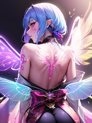 hentai wings - looking back, glowing large holographic wings tattoos on back, Kimono Hentai  AI Porn