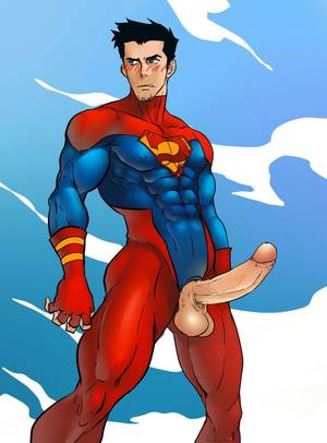 Justice League Gay Porn Animated - abs bara black hair blue eyes blush bodysuit clouds dc erection facial hair  fingerless gloves flying goatee highres huge cock inmomakuro kon el large  penis ...